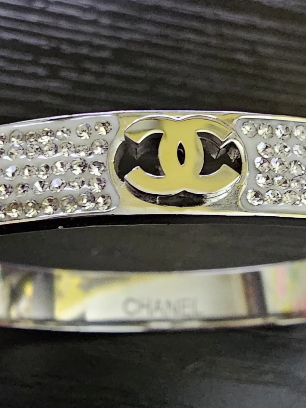 CHANEL Silver-Tone Crystal CC Logo Hinged Bangle with Gold Accent